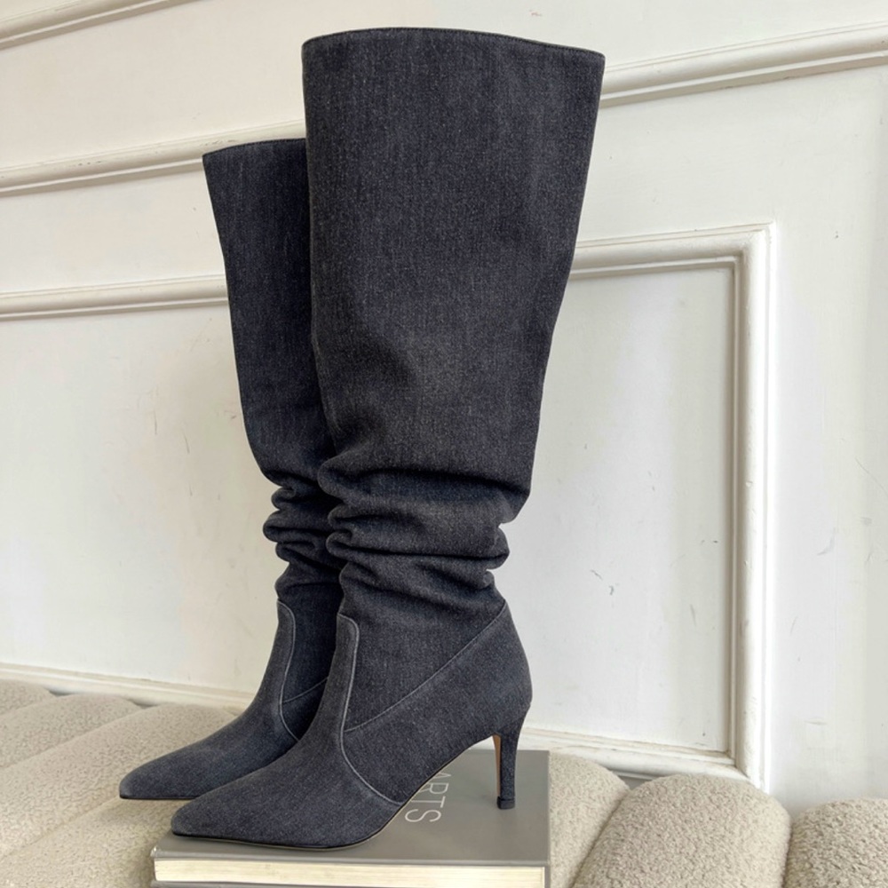 Black and grey denim heel boots